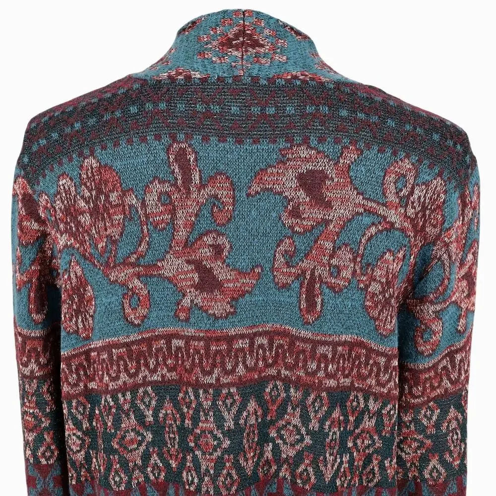 Chicos Sweater 2 Womens Large Green Burgundy Floral Long Cardigan Duster Open